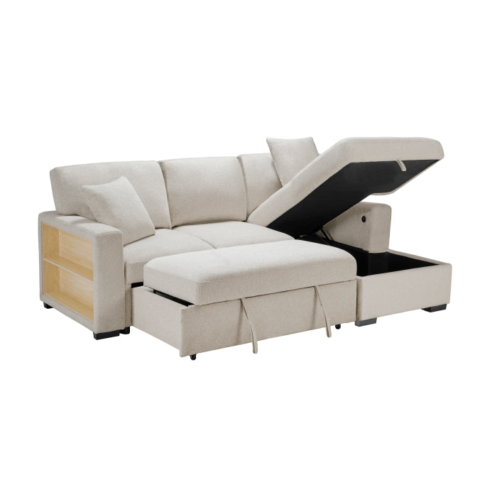 Pompano Collection Sectional with Right Chaise, Pull-out Bed, Hidden Storage and Shelves, Charging Ports