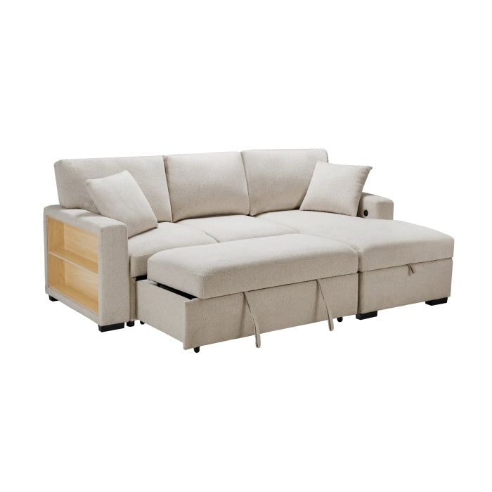 Pompano Collection Sectional with Right Chaise, Pull-out Bed, Hidden Storage and Shelves, Charging Ports
