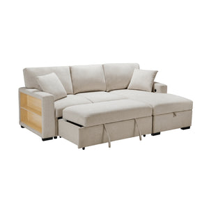 Pompano Collection Sectional with Right Chaise, Pull-out Bed, Hidden Storage and Shelves, Charging Ports
