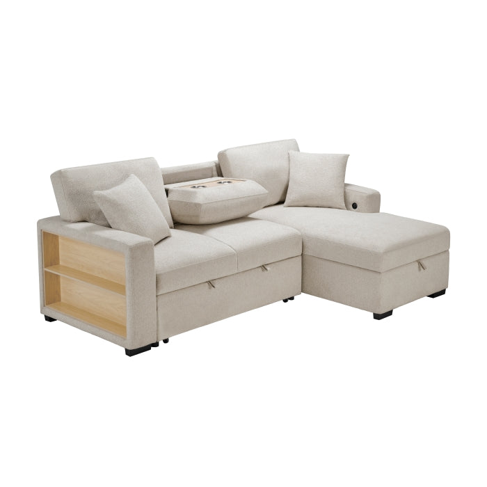 Pompano Collection Sectional with Right Chaise, Pull-out Bed, Hidden Storage and Shelves, Charging Ports