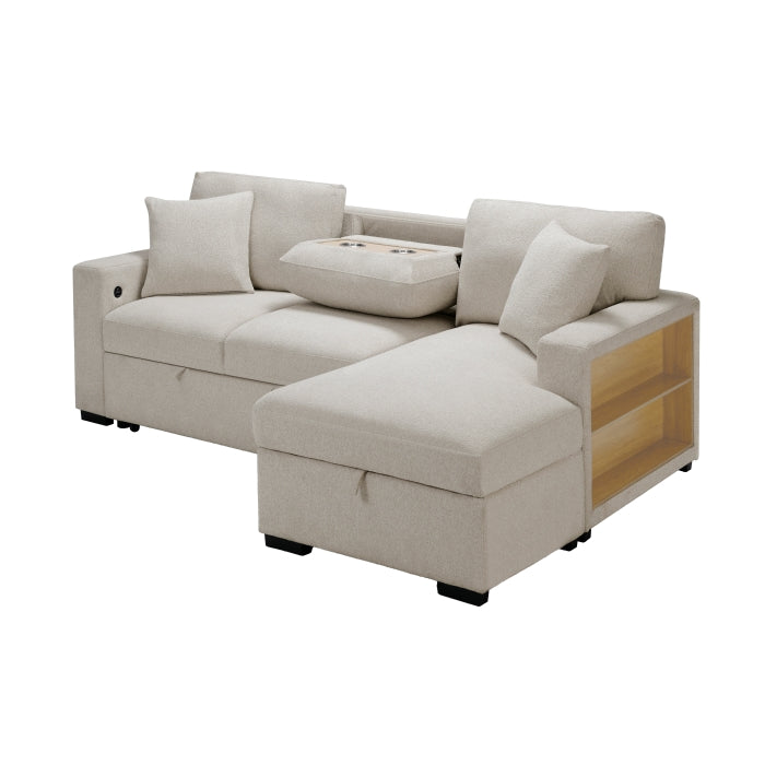 Pompano Collection Sectional with Right Chaise, Pull-out Bed, Hidden Storage and Shelves, Charging Ports