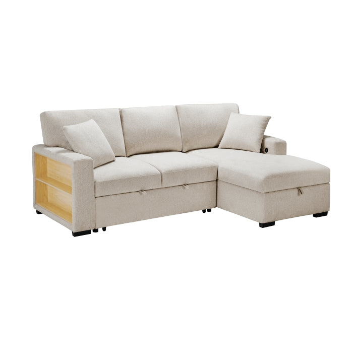 Pompano Collection Sectional with Right Chaise, Pull-out Bed, Hidden Storage and Shelves, Charging Ports