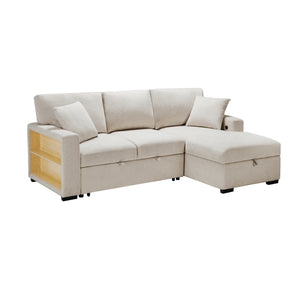 Pompano Collection Sectional with Right Chaise, Pull-out Bed, Hidden Storage and Shelves, Charging Ports