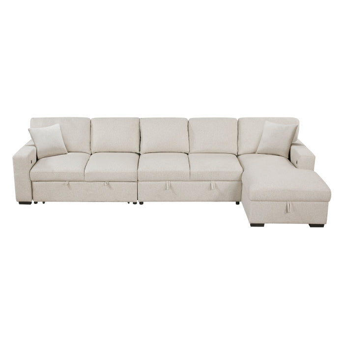 Pompano Collection Sectional with Right Chaise, Pull-out Bed, Hidden Storages and Shelves, Charging Ports