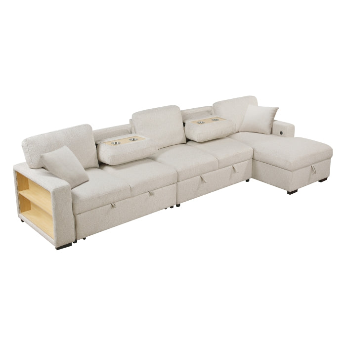 Pompano Collection Sectional with Right Chaise, Pull-out Bed, Hidden Storages and Shelves, Charging Ports