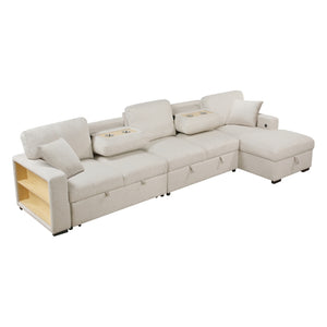 Pompano Collection Sectional with Right Chaise, Pull-out Bed, Hidden Storages and Shelves, Charging Ports