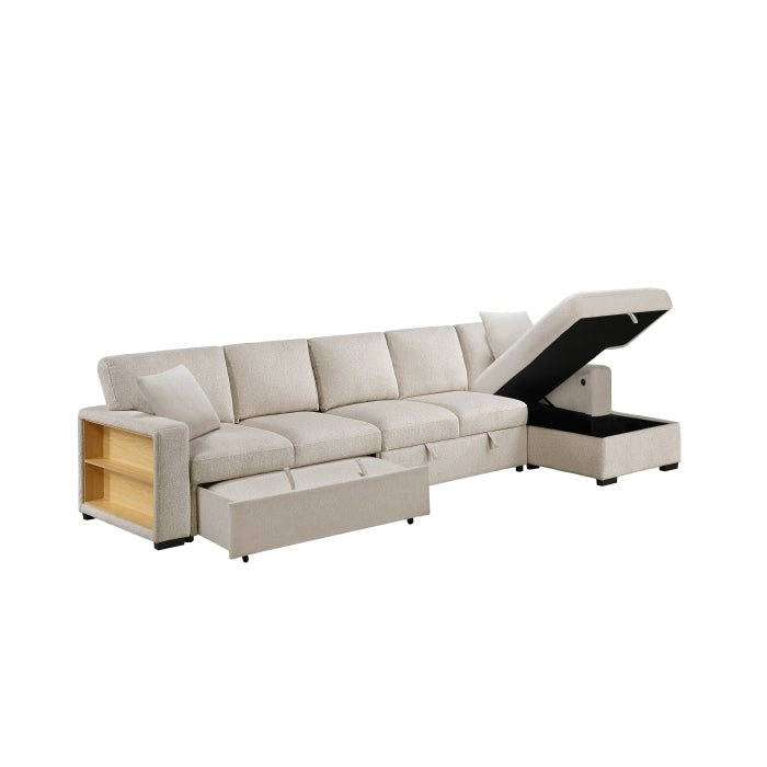 Pompano Collection Sectional with Right Chaise, Pull-out Bed, Hidden Storages and Shelves, Charging Ports