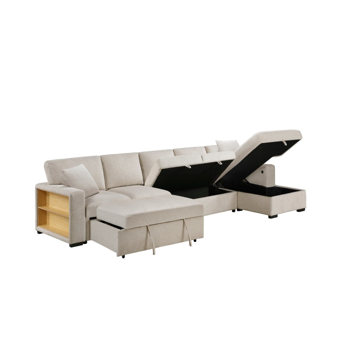 Pompano Collection Sectional with Right Chaise, Pull-out Bed, Hidden Storages and Shelves, Charging Ports