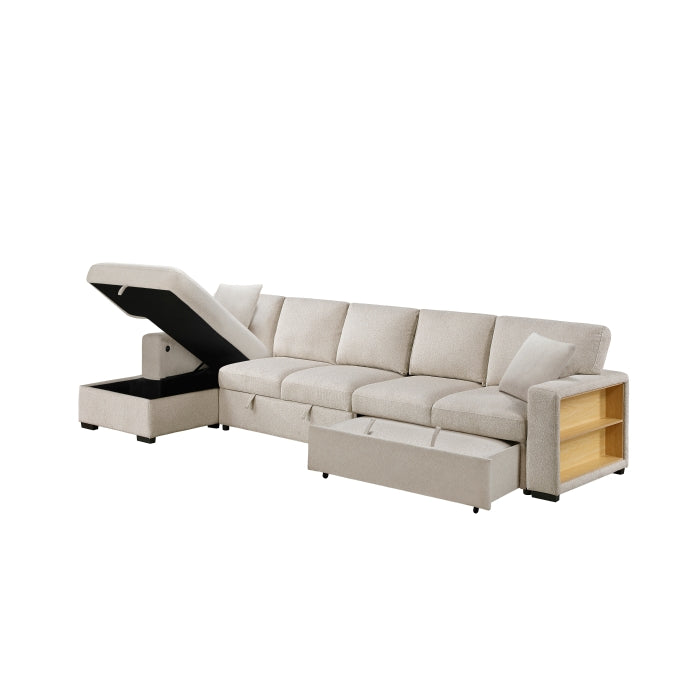 Pompano Collection Sectional with Left Chaise, Pull-out Bed, Hidden Storages and Shelves, Charging Ports