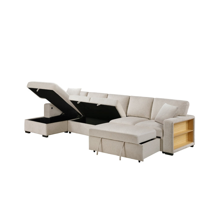 Pompano Collection Sectional with Left Chaise, Pull-out Bed, Hidden Storages and Shelves, Charging Ports