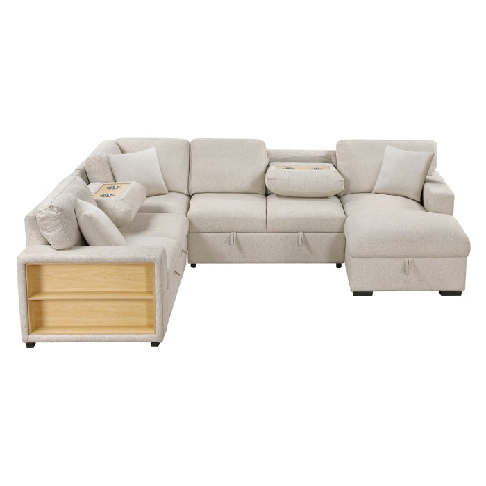 Pompano Collection Sectional with Right Chaise, Pull-out Bed, Hidden Storages and Shelves, Charging Ports