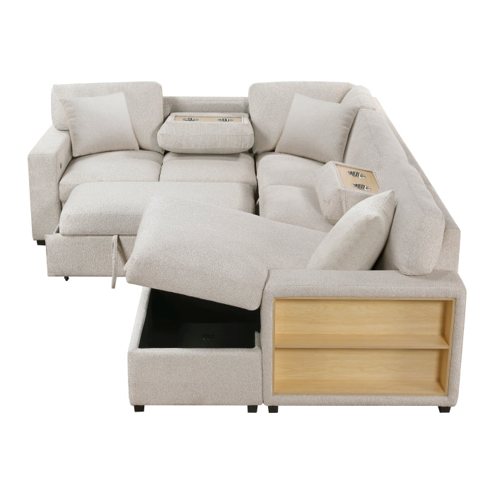 Pompano Collection Sectional with Right Chaise, Pull-out Bed, Hidden Storages and Shelves, Charging Ports