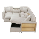 Pompano Collection Sectional with Right Chaise, Pull-out Bed, Hidden Storages and Shelves, Charging Ports