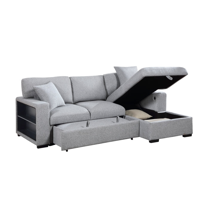 Pompano Collection Sectional with Right Chaise, Pull-out Bed, Hidden Storage and Shelves, Charging Ports