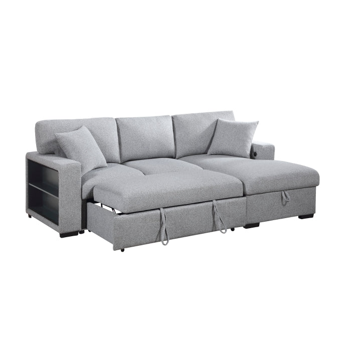 Pompano Collection Sectional with Right Chaise, Pull-out Bed, Hidden Storage and Shelves, Charging Ports