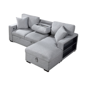 Pompano Collection Sectional with Right Chaise, Pull-out Bed, Hidden Storage and Shelves, Charging Ports