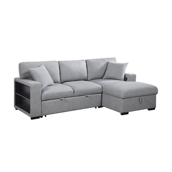 Pompano Collection Sectional with Right Chaise, Pull-out Bed, Hidden Storage and Shelves, Charging Ports