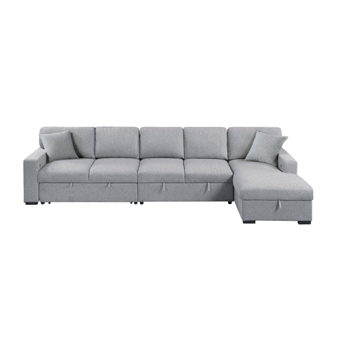 Pompano Collection Sectional with Right Chaise, Pull-out Bed, Hidden Storages and Shelves, Charging Ports
