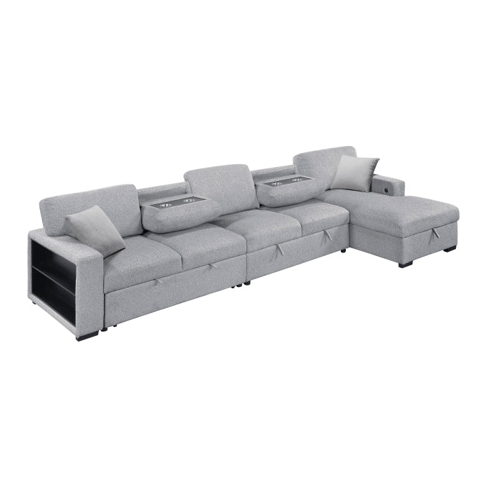 Pompano Collection Sectional with Right Chaise, Pull-out Bed, Hidden Storages and Shelves, Charging Ports