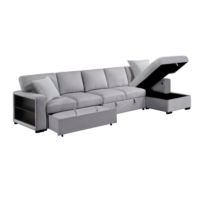 Pompano Collection Sectional with Right Chaise, Pull-out Bed, Hidden Storages and Shelves, Charging Ports