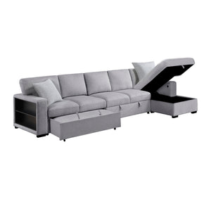 Pompano Collection Sectional with Right Chaise, Pull-out Bed, Hidden Storages and Shelves, Charging Ports
