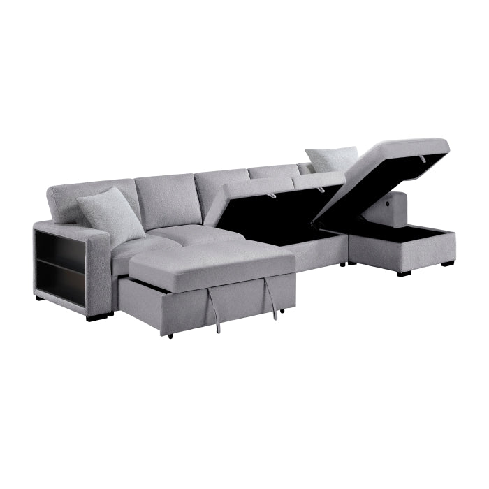 Pompano Collection Sectional with Right Chaise, Pull-out Bed, Hidden Storages and Shelves, Charging Ports