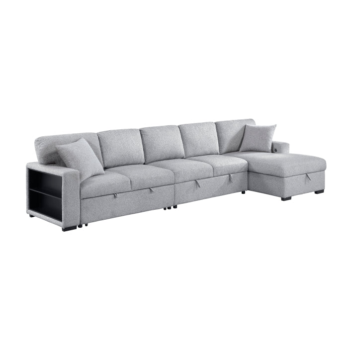 Pompano Collection Sectional with Right Chaise, Pull-out Bed, Hidden Storages and Shelves, Charging Ports