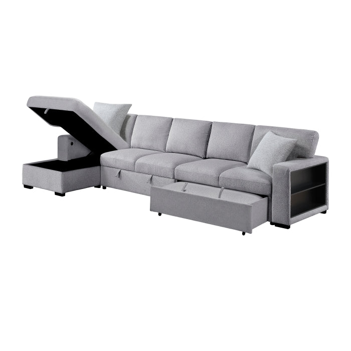 Pompano Collection Sectional with Left Chaise, Pull-out Bed Hidden Storages and Shelves, Charging Ports