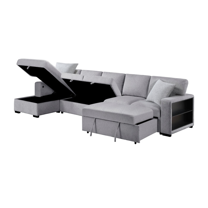 Pompano Collection Sectional with Left Chaise, Pull-out Bed Hidden Storages and Shelves, Charging Ports