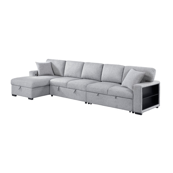 Pompano Collection Sectional with Left Chaise, Pull-out Bed Hidden Storages and Shelves, Charging Ports