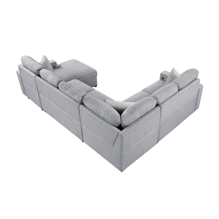 Pompano Collection Sectional with Right Chaise, Pull-out Bed, Hidden Storages and Shelves, Charging Ports