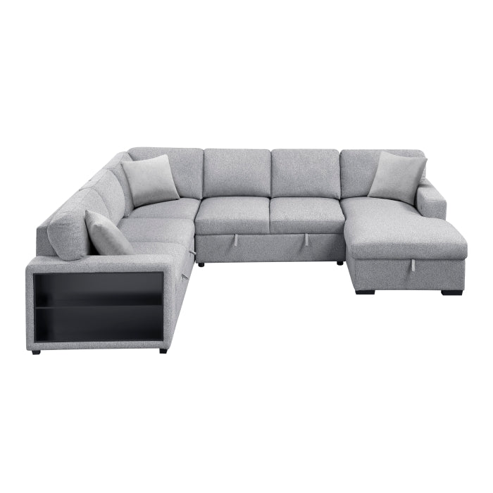 Pompano Collection Sectional with Right Chaise, Pull-out Bed, Hidden Storages and Shelves, Charging Ports