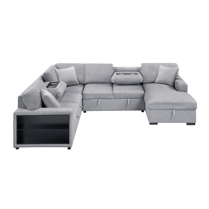 Pompano Collection Sectional with Right Chaise, Pull-out Bed, Hidden Storages and Shelves, Charging Ports