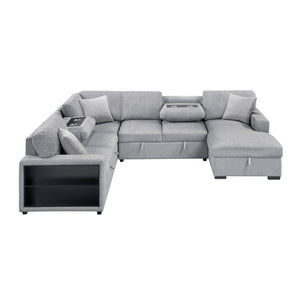 Pompano Collection Sectional with Right Chaise, Pull-out Bed, Hidden Storages and Shelves, Charging Ports