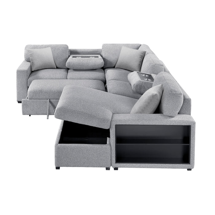 Pompano Collection Sectional with Right Chaise, Pull-out Bed, Hidden Storages and Shelves, Charging Ports