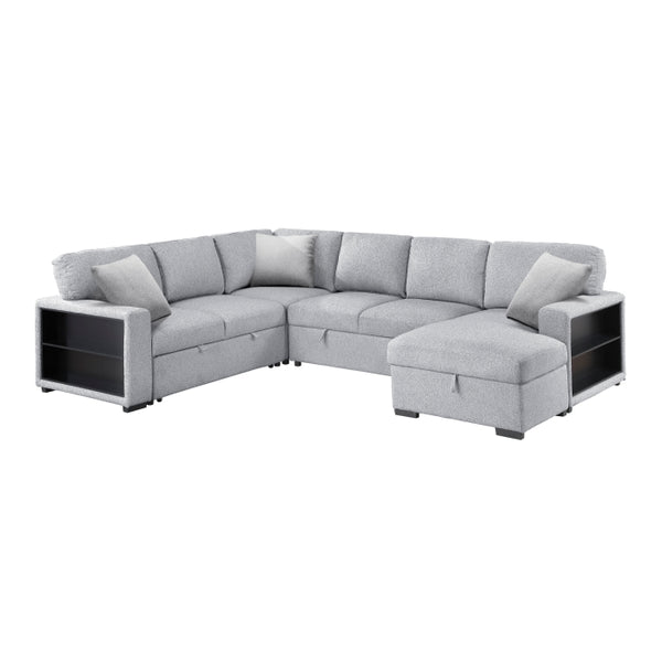 Pompano Collection Sectional with Right Chaise, Pull-out Bed, Hidden Storages and Shelves, Charging Ports