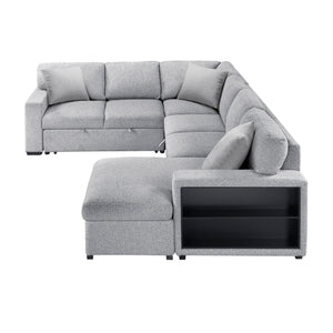 Pompano Collection Sectional with Right Chaise, Pull-out Bed, Hidden Storages and Shelves, Charging Ports