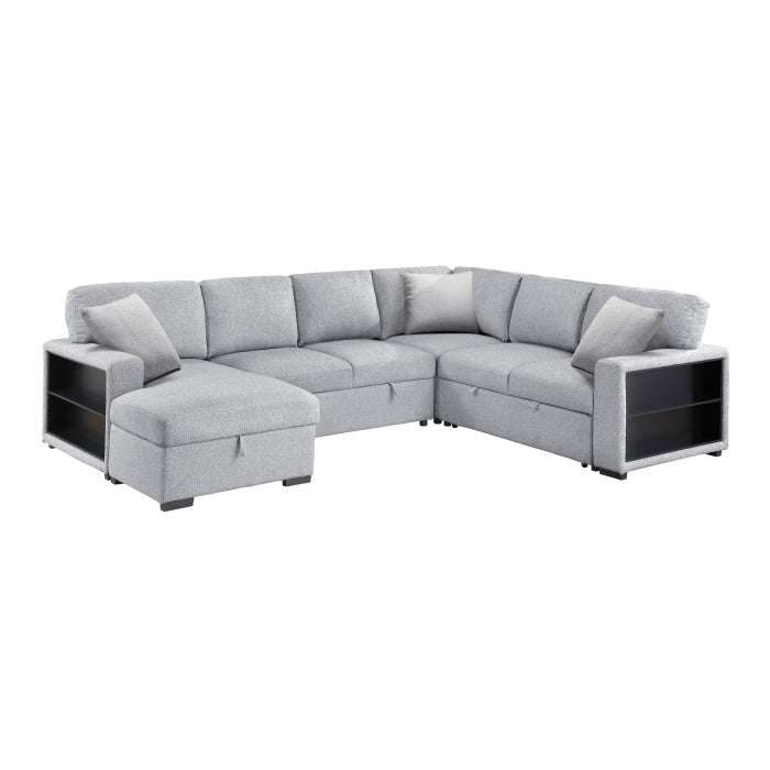 Pompano Collection Sectional with Left Chaise, Pull-out Bed, Hidden Storages and Shelves, Charging Ports