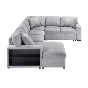 Pompano Collection Sectional with Left Chaise, Pull-out Bed, Hidden Storages and Shelves, Charging Ports