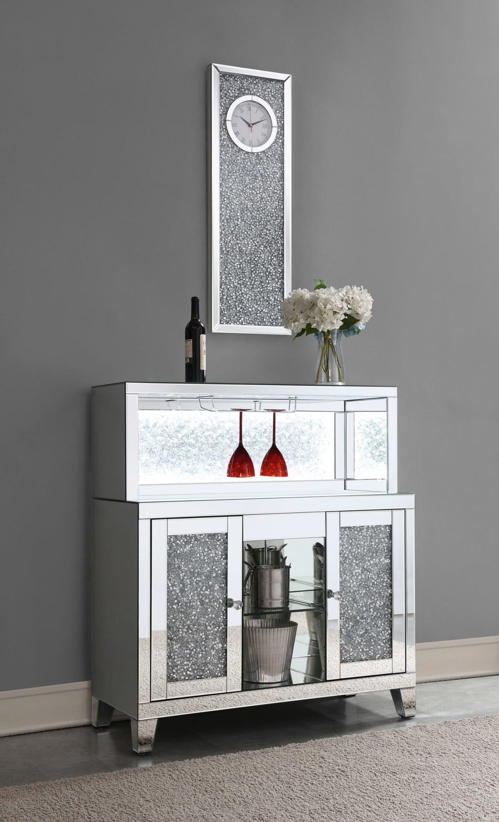 Minette Mirrored Wall Clock Acrylic Crystal Inlay Silver