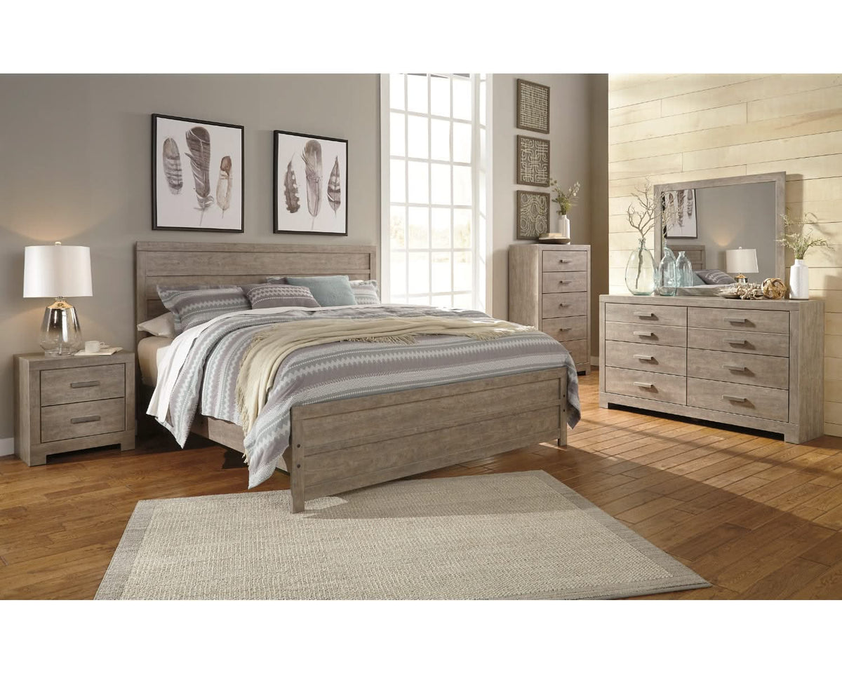 Cama King con paneles Culverbach, tocador, espejo, cómoda y mesita de noche