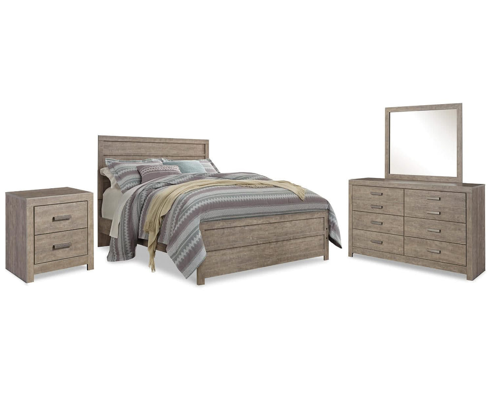 Cama Queen Culverbach con paneles, tocador, espejo y mesita de noche