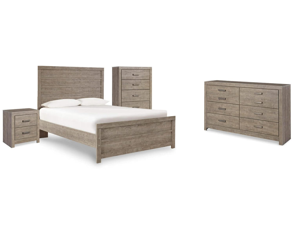 Cama completa Culverbach con panel, cómoda, arcón y mesita de noche