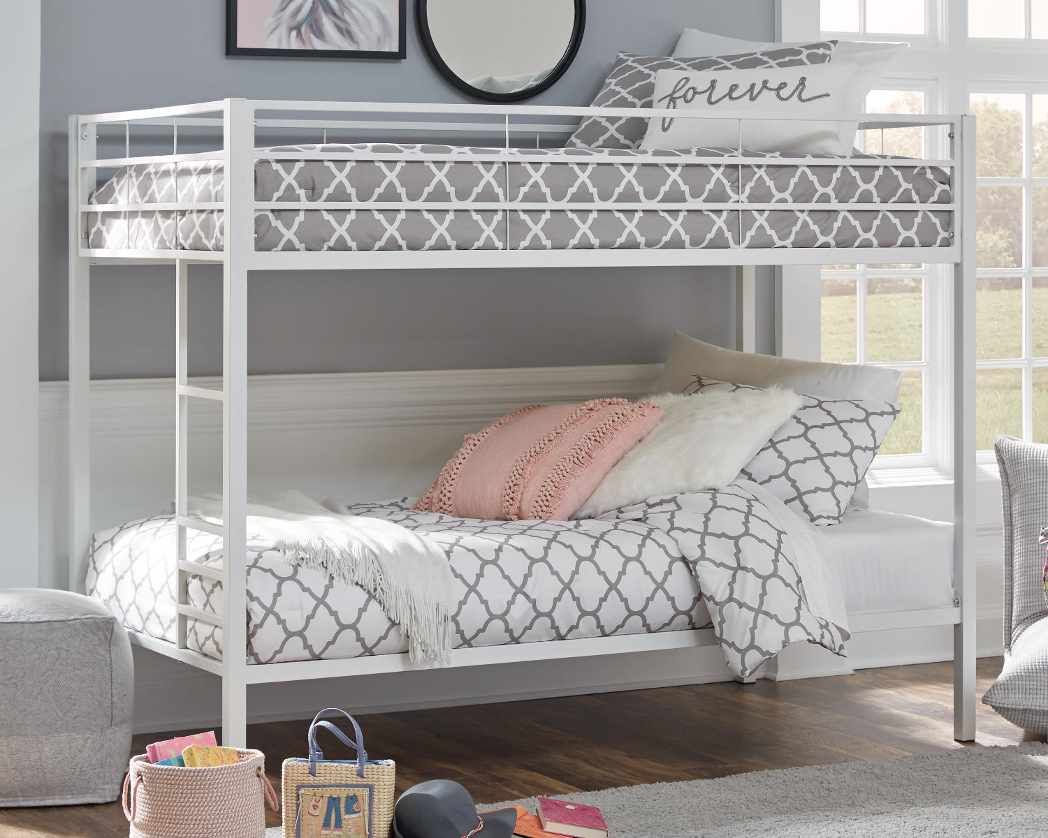 Broshard Twin over Twin Metal Bunk Bed and 2 Mattresses and Pillows