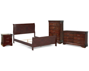 Cama Queen tipo trineo Alisdair, tocador, espejo, dos cómodas y dos mesitas de noche