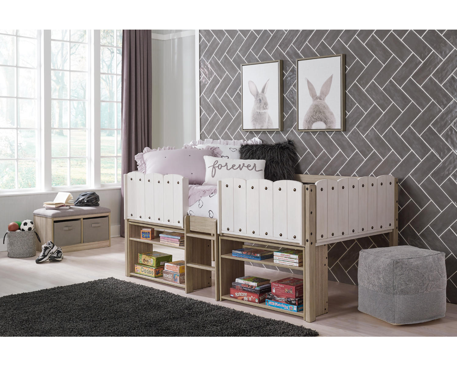 Wrenalyn Twin Loft Bed with Under Bed Bookcase Storage