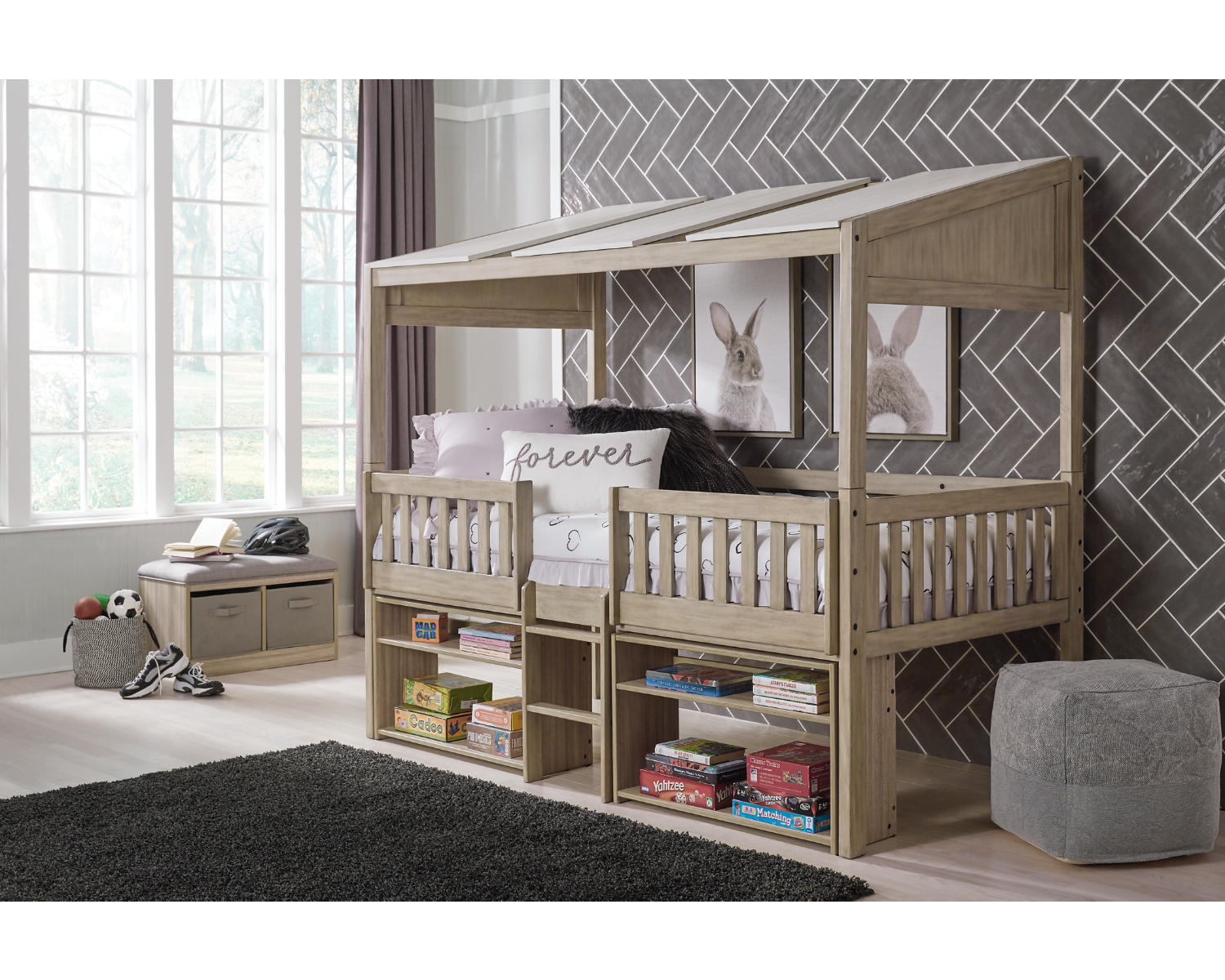 Wrenalyn Twin Loft Bed with Under Bed Bookcase Storage