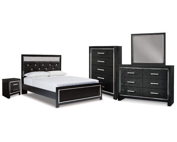 Cama tamaño queen Kaydell con paneles, espejo, cómoda y mesita de noche