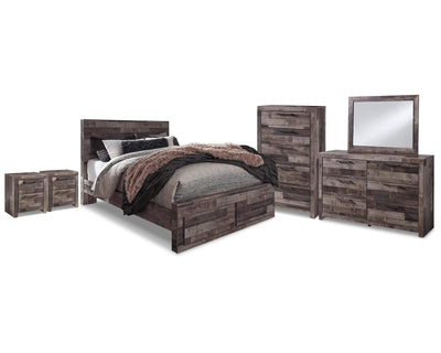 Cama Queen Derekson con almacenaje, tocador, espejo, cómoda y dos mesitas de noche