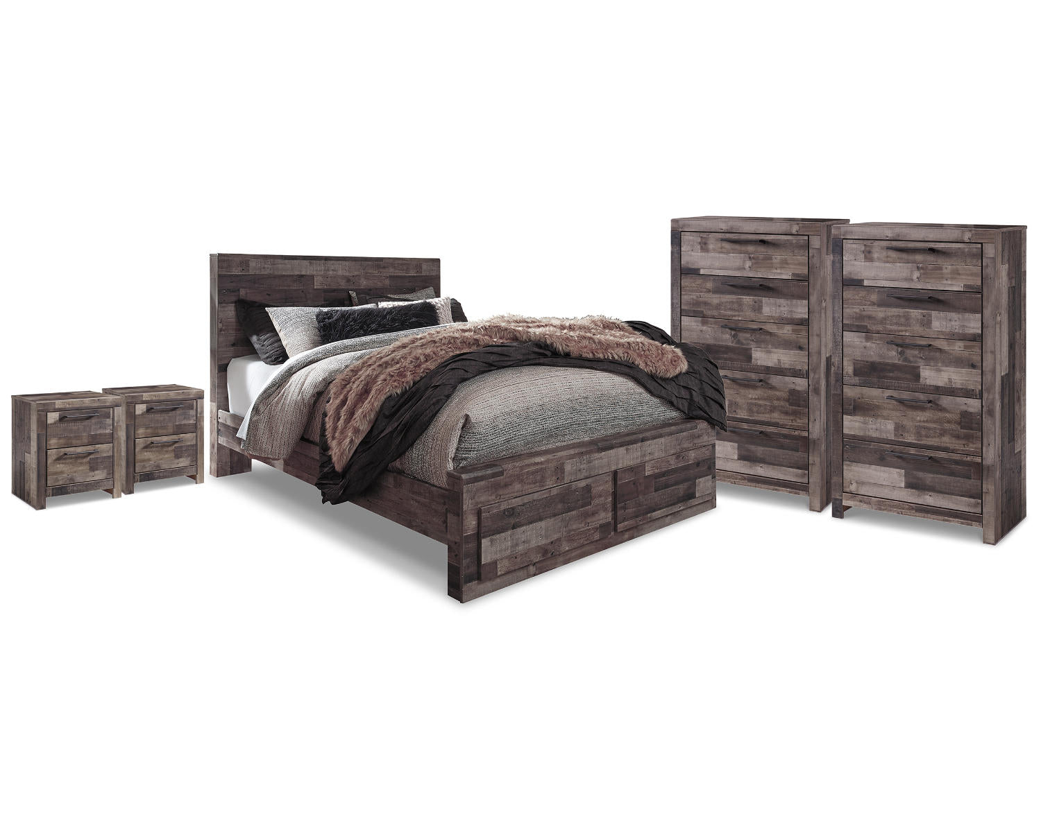 Derekson Queen Storage Bed, 2 Chests and 2 Nightstands